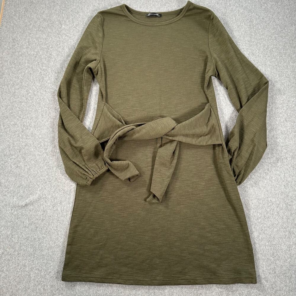 PrettyGarden Tie Front Dress Women's Medium Olive Green Ribbed Long Sleeve